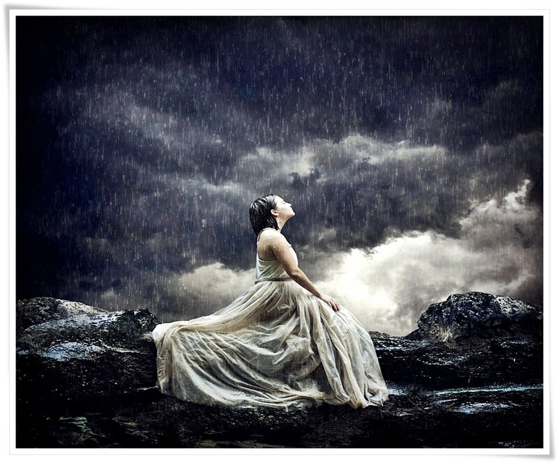 Woman in White Dress — Black, Dramatic, Photograph, Rain