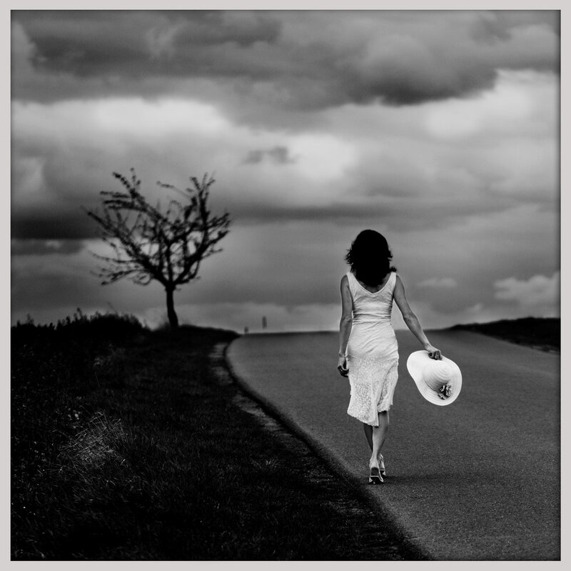 Woman in White Dress — Black, Dramatic, Photograph, Road