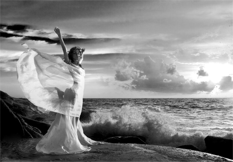 Woman in White Dress — Black, Dramatic, Sunset, Photograph, Ocean