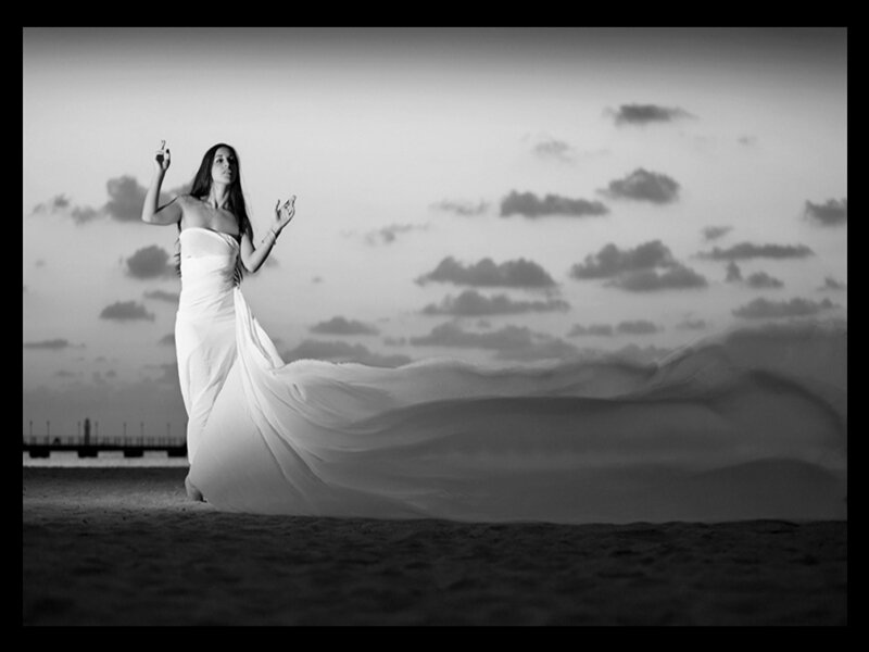 Woman in White Dress — Black, Dramatic, Sunset