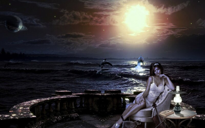 Woman in White Dress — Black, Dreamy, Night