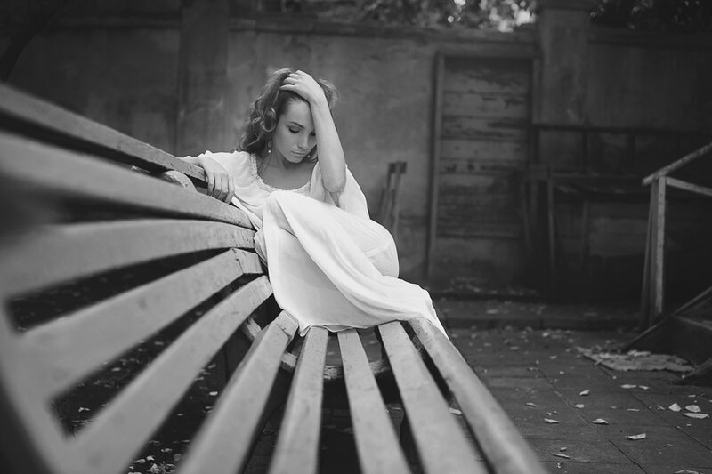 Woman in White Dress — Black, Melancholic, Photograph, Bench