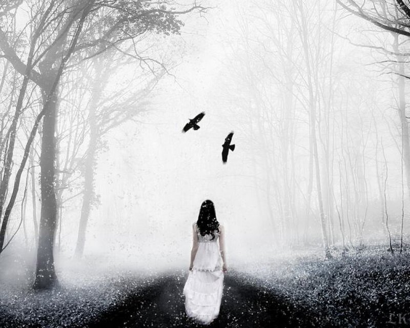 Woman in White Dress — Black, Mysterious, Digital Art