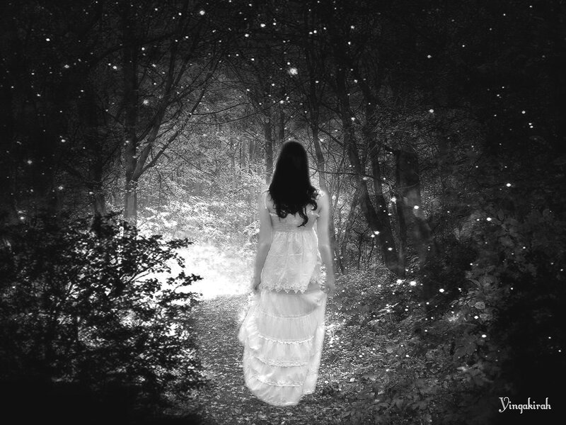 Woman in White Dress — Black, Serene, Night, Digital Art, Forest