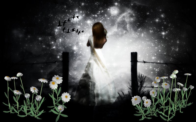 Woman in White Dress — Black, Serene, Night, Digital Art