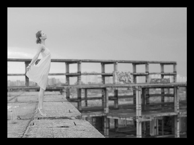 Woman in White Dress — Black, Serene, Photograph, Concrete Structure
