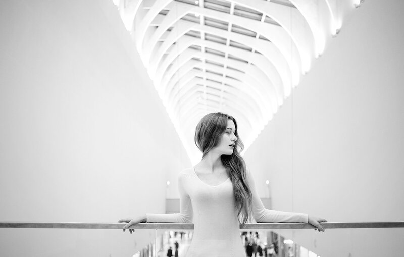 Woman in White Dress — Black, Serene, Photograph, Railing, Ceiling