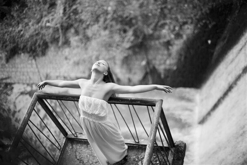 Woman in White Dress — Black, Serene, Photograph, Railing