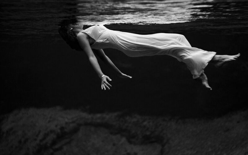 Woman in White Dress — Black, Serene, Photograph, Underwater