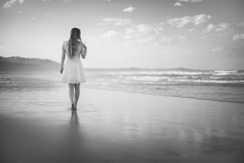 Woman in White Dress — Black, Serene, Sunset, Photograph, Beach
