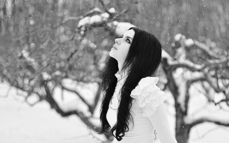 Woman in White Dress — Black, Serene, Winter