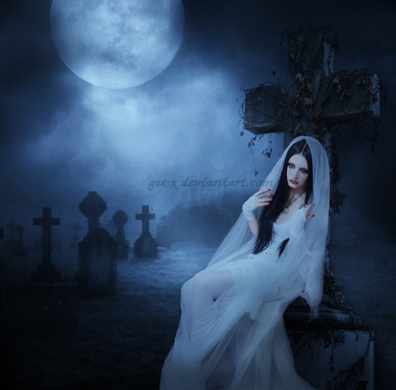 Woman in White Dress — Blue, Dark, Night, Digital Art, Graveyard