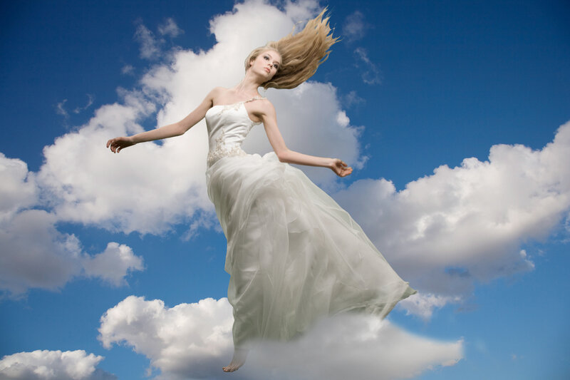 Woman in White Dress — Blue, Dramatic, Afternoon, Photograph, Clouds
