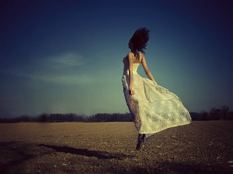 Woman in White Dress — Blue, Dramatic, Afternoon, Photograph, Field