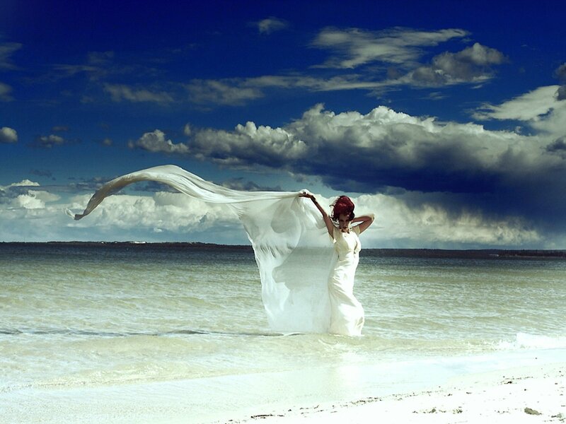 Woman in White Dress — Blue, Dramatic, Afternoon, Photograph