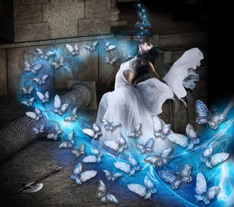 Woman in White Dress — Blue, Dramatic, Digital Art, Butterflies
