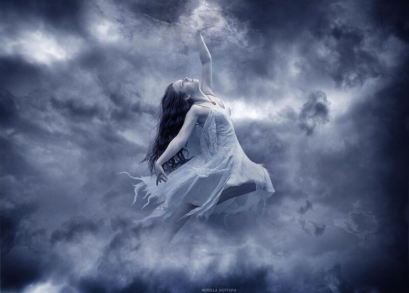 Woman in White Dress — Blue, Dramatic, Digital Art, Clouds