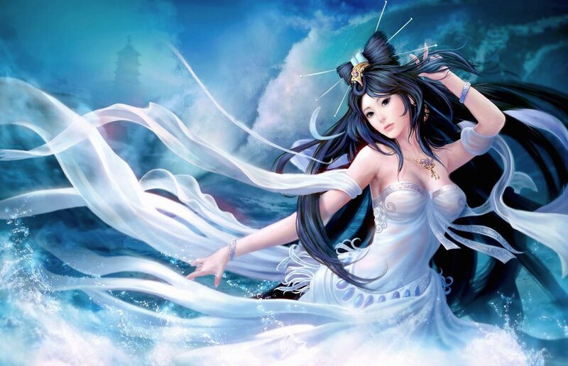 Woman in White Dress — Blue, Dramatic, Digital Art, Long Hair