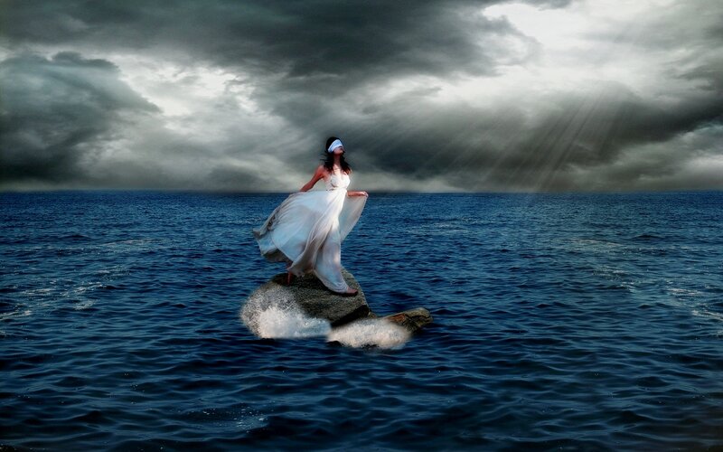 Woman in White Dress — Blue, Dramatic, Digital Art, Ocean, Rock