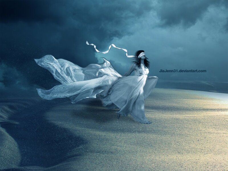 Woman in White Dress — Blue, Dramatic, Digital Art, Sand