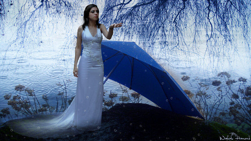 Woman in White Dress — Blue, Dramatic, Digital Art, Umbrella
