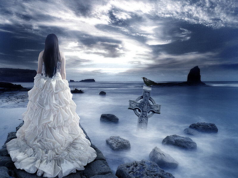 Woman in White Dress — Blue, Dramatic, Night, Digital Art, Bird
