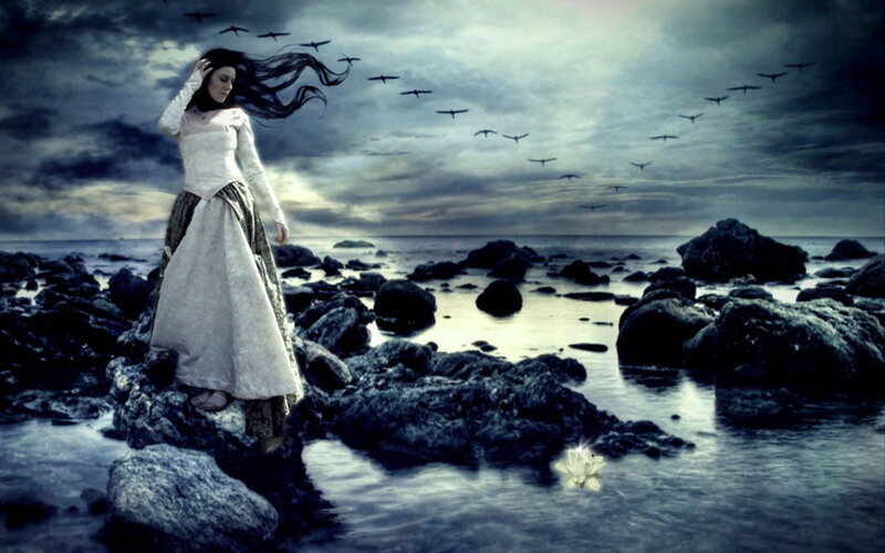 Woman in White Dress — Blue, Dramatic, Night, Digital Art, Birds