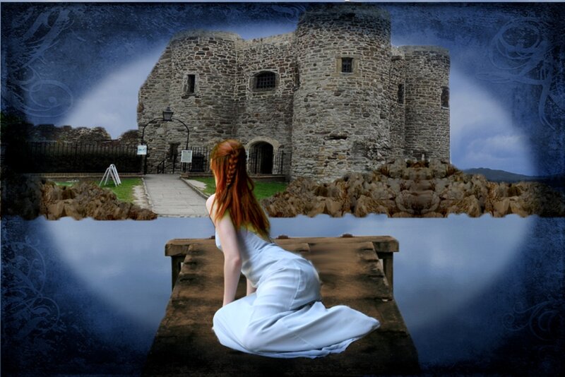 Woman in White Dress — Blue, Dramatic, Night, Digital Art, Castle, Dock