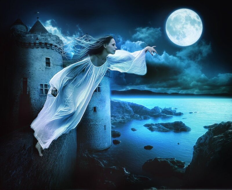 Woman in White Dress — Blue, Dramatic, Night, Digital Art, Castle, Moon