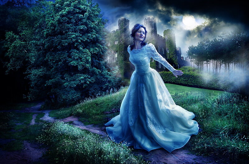 Woman in White Dress — Blue, Dramatic, Night, Digital Art, Castle, Moon, Trees