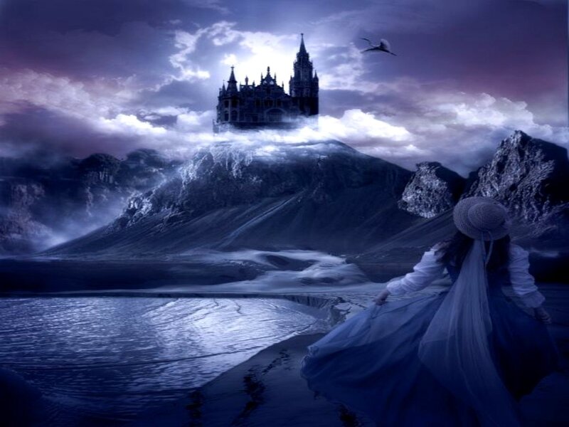Woman in White Dress — Blue, Dramatic, Night, Digital Art, Castle