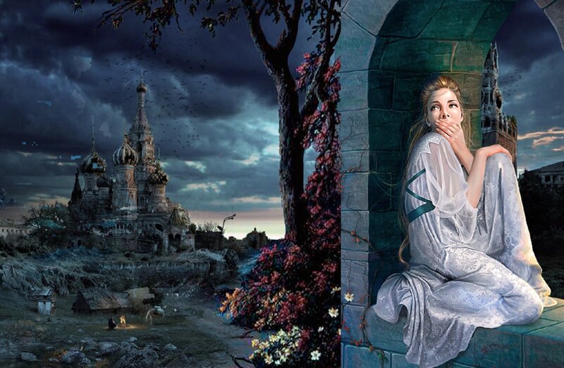 Woman in White Dress — Blue, Dramatic, Night, Digital Art, Castle, Tree