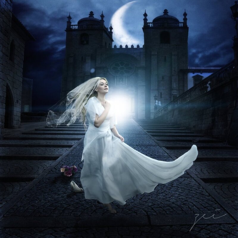 Woman in White Dress — Blue, Dramatic, Night, Digital Art, Cathedral