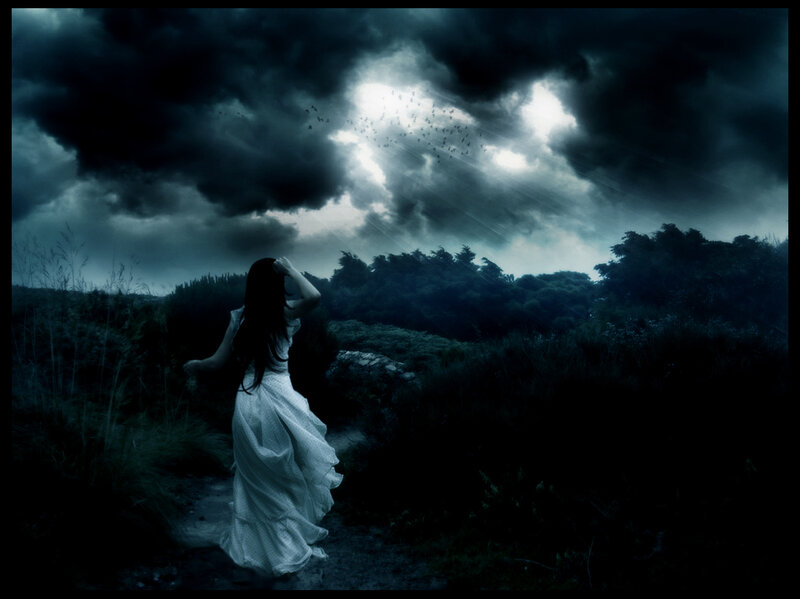 Woman in White Dress — Blue, Dramatic, Night, Digital Art, Dark Clouds