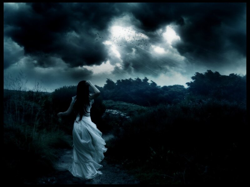 Woman in White Dress — Blue, Dramatic, Night, Digital Art, Dark Sky