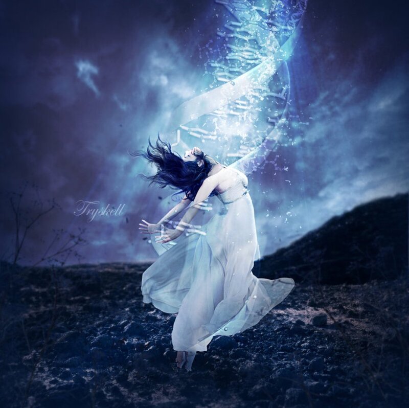 Woman in White Dress — Blue, Dramatic, Night, Digital Art, Dna Helix