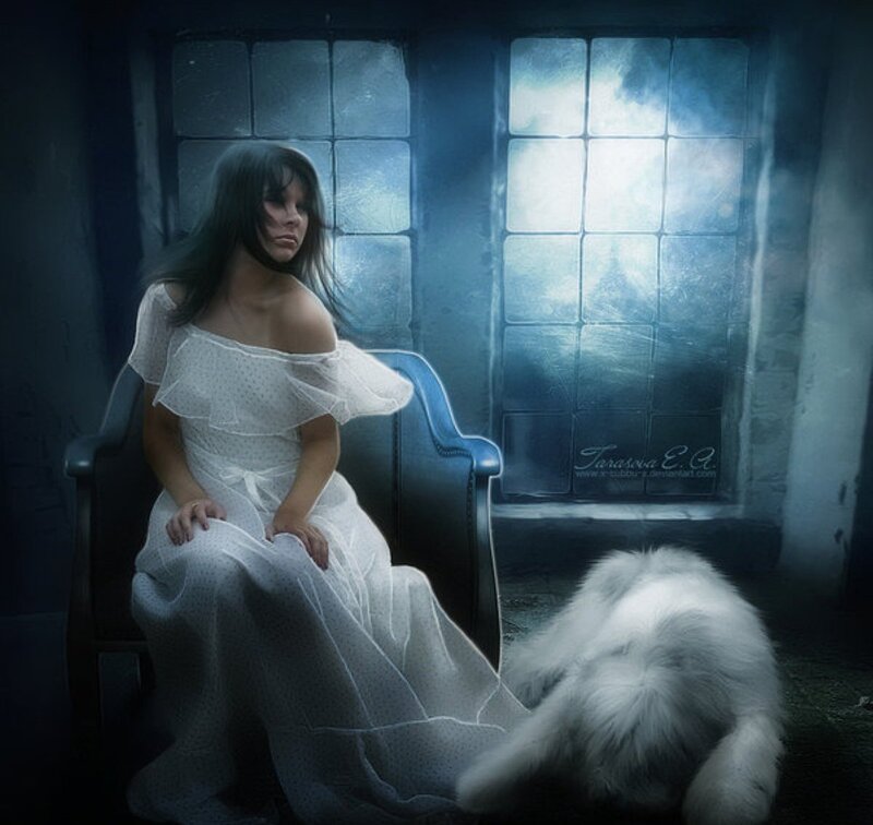 Woman in White Dress — Blue, Dramatic, Night, Digital Art, Dog