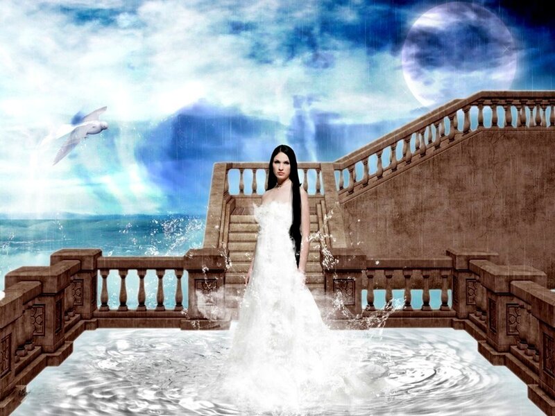 Woman in White Dress — Blue, Dramatic, Night, Digital Art, Dove