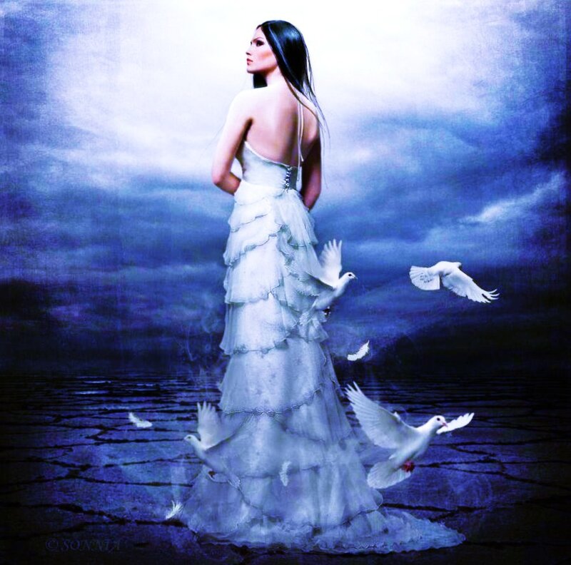 Woman in White Dress — Blue, Dramatic, Night, Digital Art, Doves