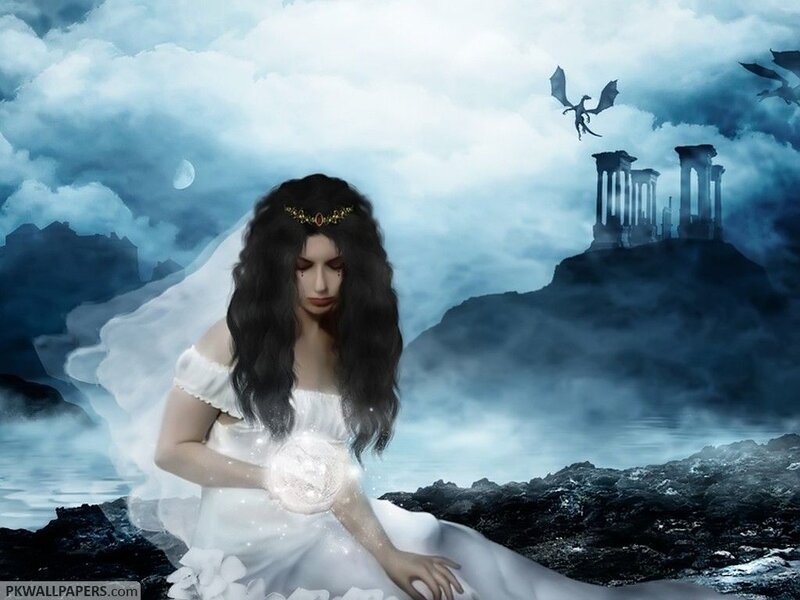 Woman in White Dress — Blue, Dramatic, Night, Digital Art, Dragon