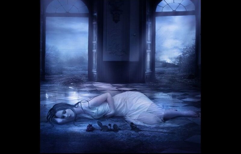 Woman in White Dress — Blue, Dramatic, Night, Digital Art, Floor