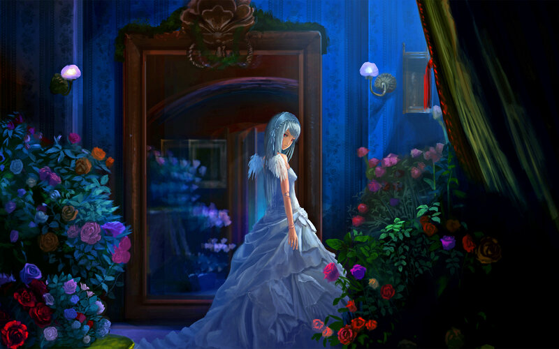 Woman in White Dress — Blue, Dramatic, Night, Digital Art, Flowers, Door