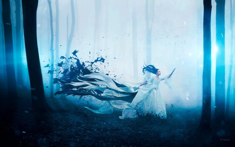 Woman in White Dress — Blue, Dramatic, Night, Digital Art, Forest, Birds