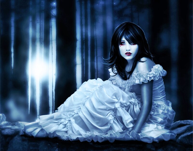 Woman in White Dress — Blue, Dramatic, Night, Digital Art, Forest, Darkness