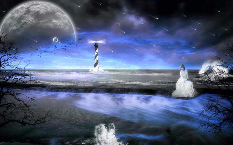 Woman in White Dress — Blue, Dramatic, Night, Digital Art, Lighthouse
