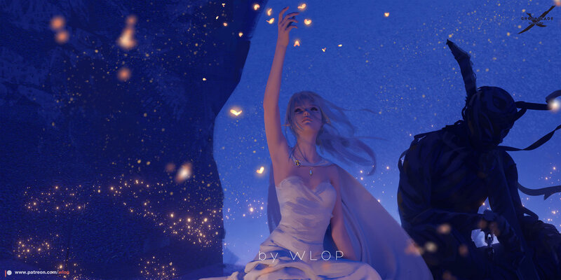 Woman in White Dress — Blue, Dramatic, Night, Digital Art, Man in Armor