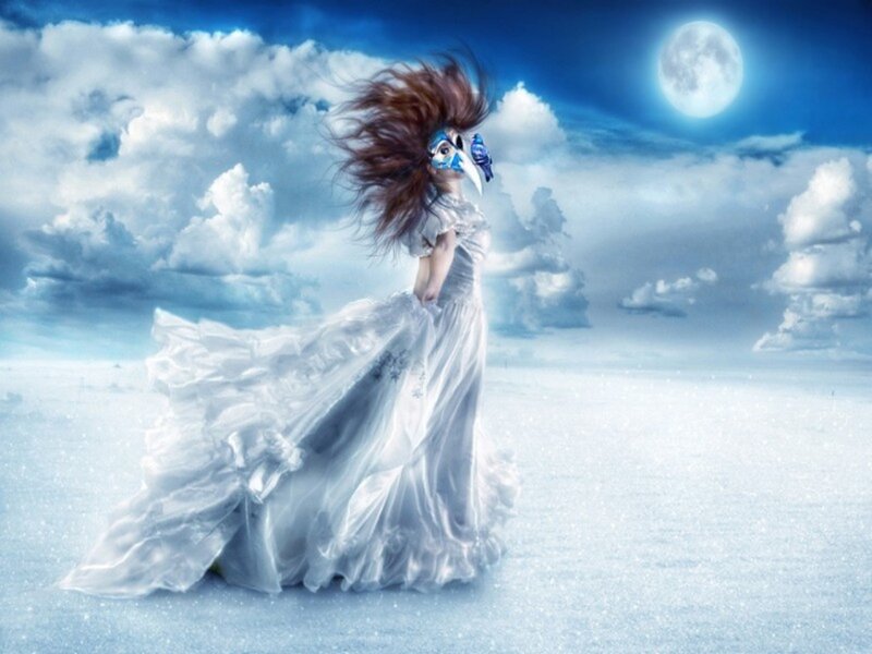 Woman in White Dress — Blue, Dramatic, Night, Digital Art, Mask, Moon, Clouds