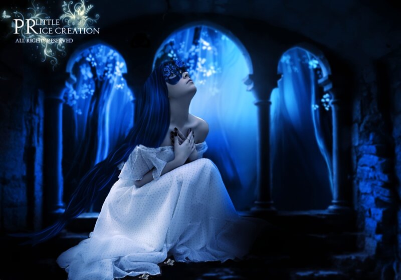 Woman in White Dress — Blue, Dramatic, Night, Digital Art, Mask