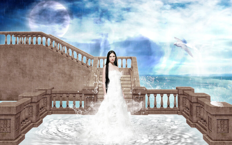 Woman in White Dress — Blue, Dramatic, Night, Digital Art, Moon, Bird