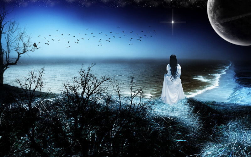 Woman in White Dress — Blue, Dramatic, Night, Digital Art, Moon, Birds, Tree